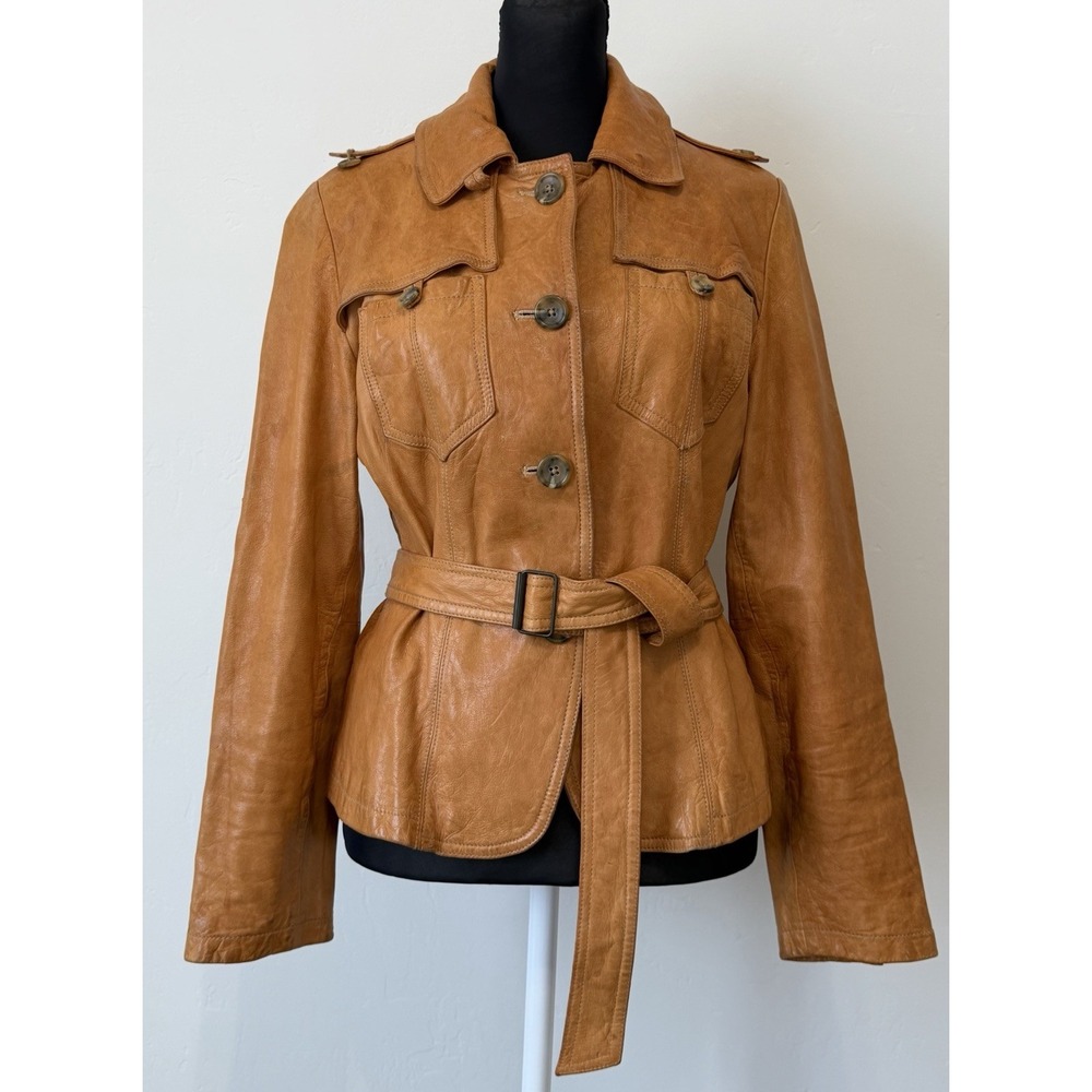 Banana Republic Leather Safari Jacket S Tan Brown Belted Utility Field Y2K 2006
